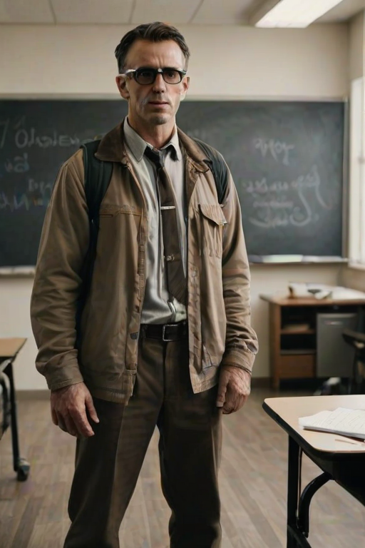 (cinematic, full body shot, teacher standing  in classroom, classroom white board in the background,  realistic skin, natural features, Phantom High Speed Camera, style raw) ,looking to the viewers, mudapocalyptic, goggles, fire.