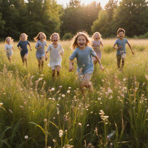 Blurry candid shot of a group of children running through a field of tall grass, their laughter barely audible, with soft evening light casting long shadows and wildflowers swaying in the breeze.