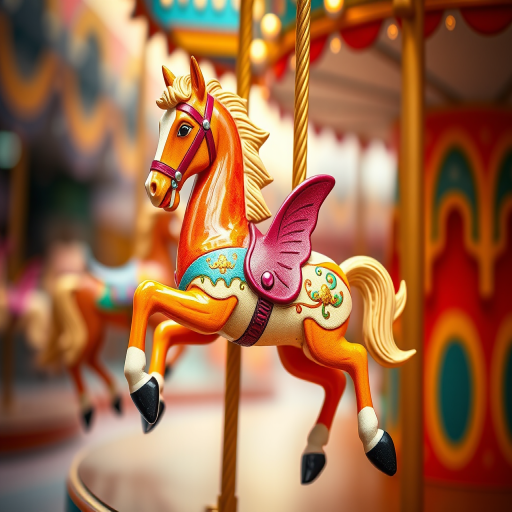 Create a detailed illustration of a brightly colored wooden carousel horse in a lively pose, using a DSLR camera with a 50mm lens, aperture set to f/1.8, ISO 100, and a shallow depth of field for a blurred background effect.
