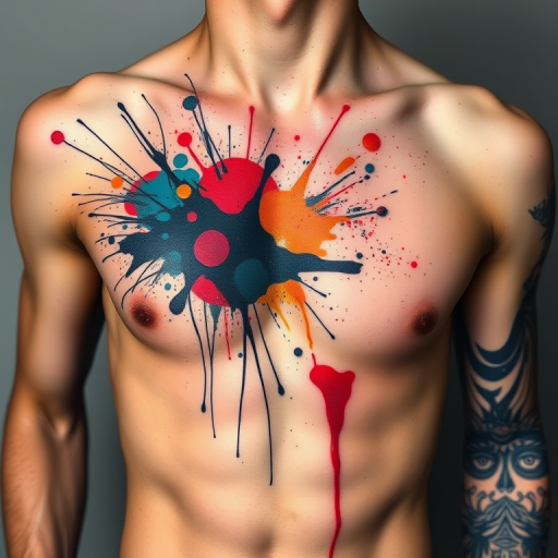 Abstract expressionist splatter tattoo across ribcage, dynamic bursts of color reminiscent of Jackson Pollock, energetic and spontaneous appearance