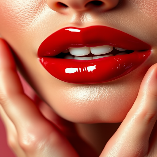 Glossy cherry red lips with a vinyl-like shine, bold and classic, reminiscent of old Hollywood glamour and timeless beauty