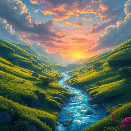 Generate a detailed illustration of a fantasy landscape featuring lush green hills, a sparkling river, and a vibrant sunset in the background, captured with a Canon EOS R5 at f/2.8 aperture, ISO 100, at a 24mm focal length, using a wide-angle lens andHDR style for enhanced clarity and depth.