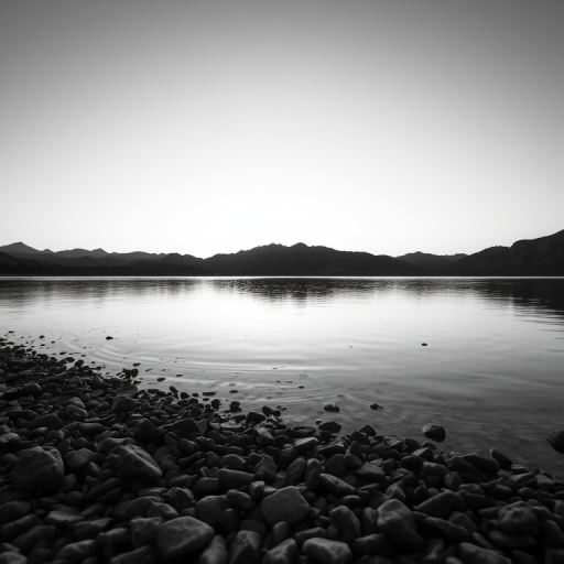 generate a serene black and white landscape image of a calm lake with pebbles in the foreground and mountains in the background at sunrise, using a Canon EOS R5 camera, 24mm lens, f/8 aperture, 1/125 sec shutter speed, ISO 100, natural lighting with a soft focus effect.