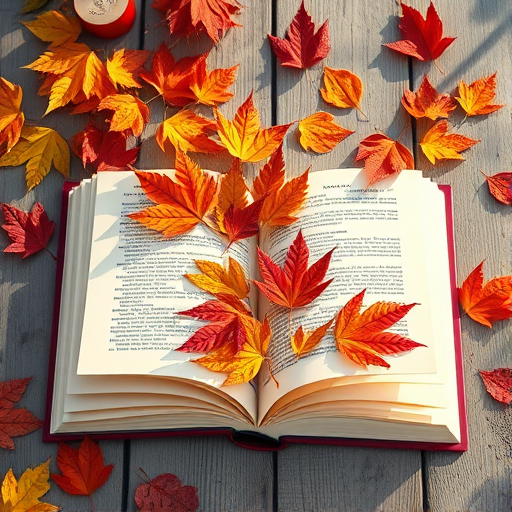 Create a vibrant illustration of an open book with colorful autumn leaves emerging from its pages, using a Canon EOS R5 with a 50mm lens, f/1.8 aperture, ISO 100, 1/200 sec shutter speed, shot from a top-down perspective with natural lighting to enhance detail and color contrast.