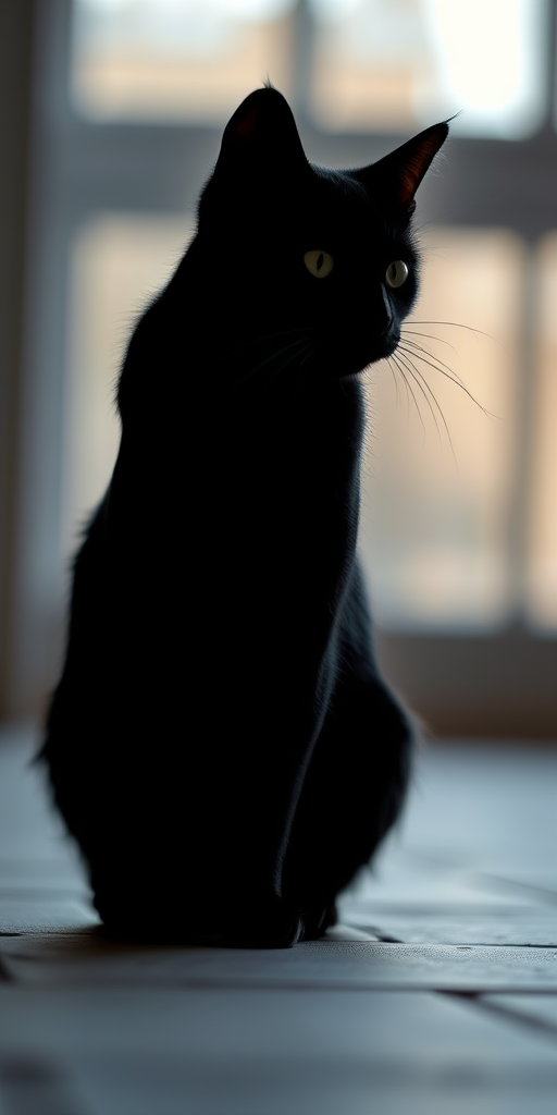 Create a high-resolution image of a stylized black cat silhouette, using a 50mm lens, aperture set to f/2.8, ISO 100, shot from a low angle in soft natural lighting, with a blurred background for enhanced focus on the cat.