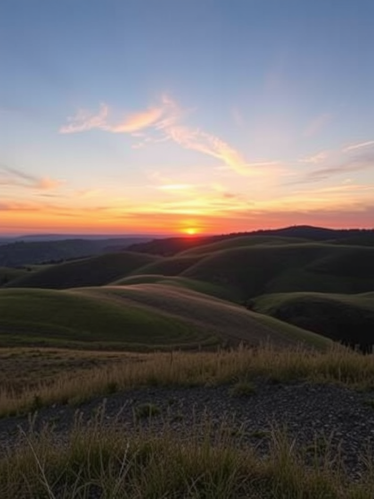 Create a high-resolution image of a serene landscape featuring rolling hills and a colorful sunset, captured with a Canon EOS R5 camera, 24-70mm lens at f/8, ISO 100, 1/125s shutter speed, using a wide-angle view for enhanced depth and clarity.