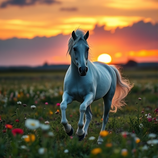 A majestic white unicorn running through a field of flowers at sunset with a dramatic sky in the background, captured with a Canon EOS R5, 85mm lens, f/1.8 aperture, ISO 100, at sunset for rich colors and soft depth of field.