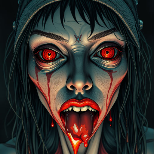 (perspective) of A creepy (ethnicity) zombie cyborg with (descriptive color) skin, (color) lipstick (color) liquid flowing from her eyes and mouth, (perspective two) portrait, (camera angle), extremely detailed, (art style) in the style of Yoshitaka Amano and Tetsuo Hara. --ar 85:128 --style raw --niji 6