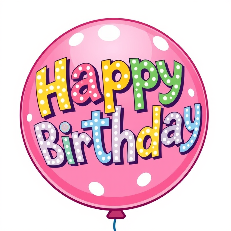 Create a colorful illustration of a pink balloon with the words Happy Birthday in playful, bold lettering that includes white polka dots and a whimsical design. The background should be simple and light to emphasize the balloon.