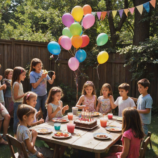Grainy photo of a child's birthday party, backyard setting, colorful balloons tied to a wooden fence, the birthday child blowing out candles on a homemade cake, friends gathered around in mismatched chairs, sunlight dappling through tree branches above, a dog sitting patiently under the table.