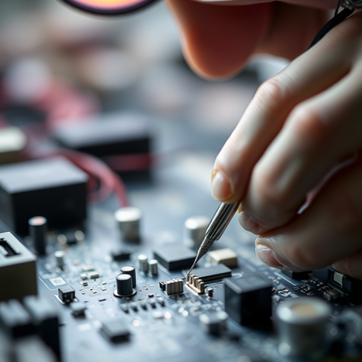 close-up shot of a technician soldering electronic components on a circuit board with focused lighting, depth of field, f/2.8 aperture, 50mm lens, ISO 200, natural light, macro photography