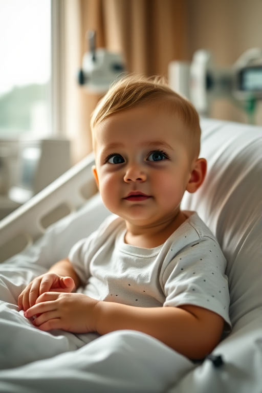 Create an image of a child in a hospital bed, with medical equipment in the background, soft light from a window, shot with a DSLR camera at f/2.8, ISO 400, and a 35mm lens for depth of field, focusing on the child's expression and surroundings in a warm color palette.