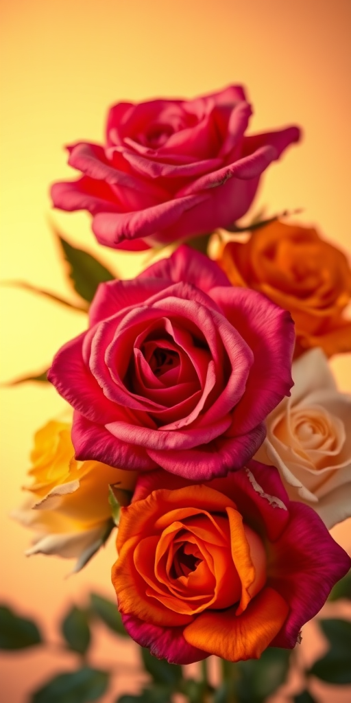 photograph of vibrant roses with varying colors and shades arranged artistically against a soft gradient background, macro lens, f/2.8 aperture, 1/200s shutter speed, ISO 100, warm lighting, soft focus effect, DSLR camera