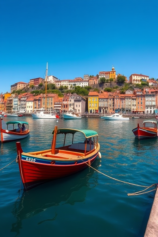 Capture a vibrant waterfront scene in Porto, Portugal, featuring traditional rabelo boats on the Douro River with colorful buildings on the hills, use a DSLR camera with a 24mm lens, aperture f/8, shutter speed 1/250s, ISO 100, sunny day, wide-angle view.