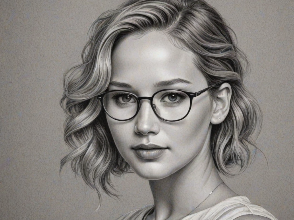 Enticing Jennifer Lawrence, pencil sketch, portrait of Enchanting woman 1943s in glasses, hair style beatnik, outline, clear lines, fine lines, 8k