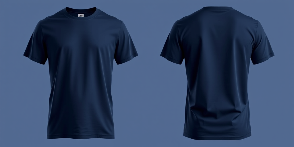 Create a high-resolution vector image of a plain navy blue t-shirt, front and back view, with soft lighting, using a DSLR camera with a 50mm lens, aperture set to f/4, ISO 100, and a shallow depth of field to enhance details.