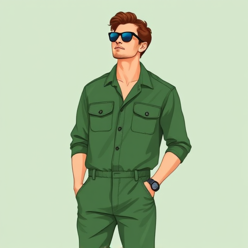 A detailed illustration of a man in a green jumpsuit and sunglasses, depicted in a clean, flat style, captured using a DSLR camera with a 50mm lens at f/2.8, ISO 100, shot from a slightly low angle in natural lighting for enhanced clarity and contrast.