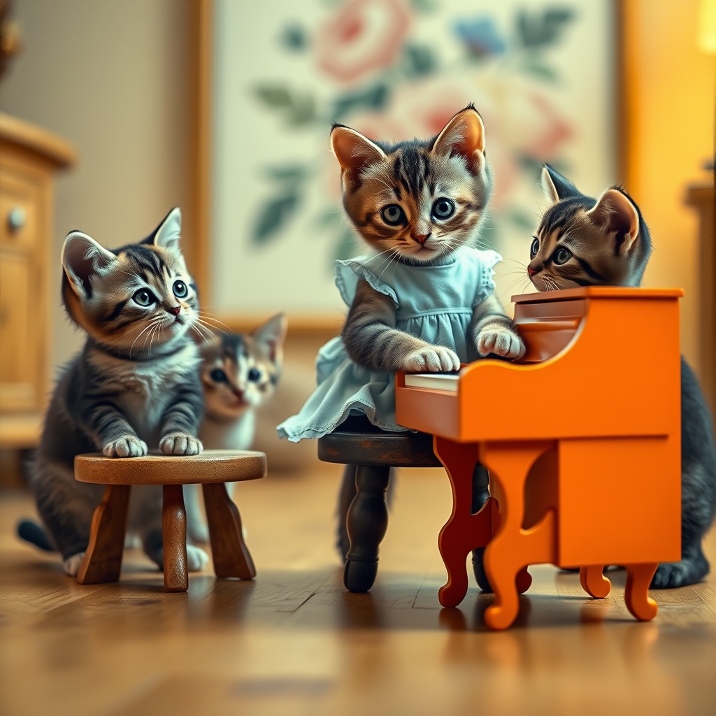 A charming scene of three cute cats in a vintage-style room. One cat, wearing a small, light-blue dress, sits on a tiny stool playing a miniature orange piano. Two other cats, with wide, curious eyes, watch the piano-playing cat intently. The room has warm lighting, with a cozy, old-fashioned aesthetic, soft wooden floors, and a blurred floral painting in the background. The overall mood is playful and whimsical, capturing the innocent curiosity of the cats. The image has a slightly worn, nostalgic feel, reminiscent of an old photograph.