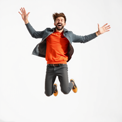 captured with a DSLR camera, 35mm lens, f/2.8 aperture, ISO 100, shutter speed 1/200s, vibrant colors, full-body shot of a man joyfully leaping against a plain white background, natural light for soft shadows, focus on facial expression and movement dynamics