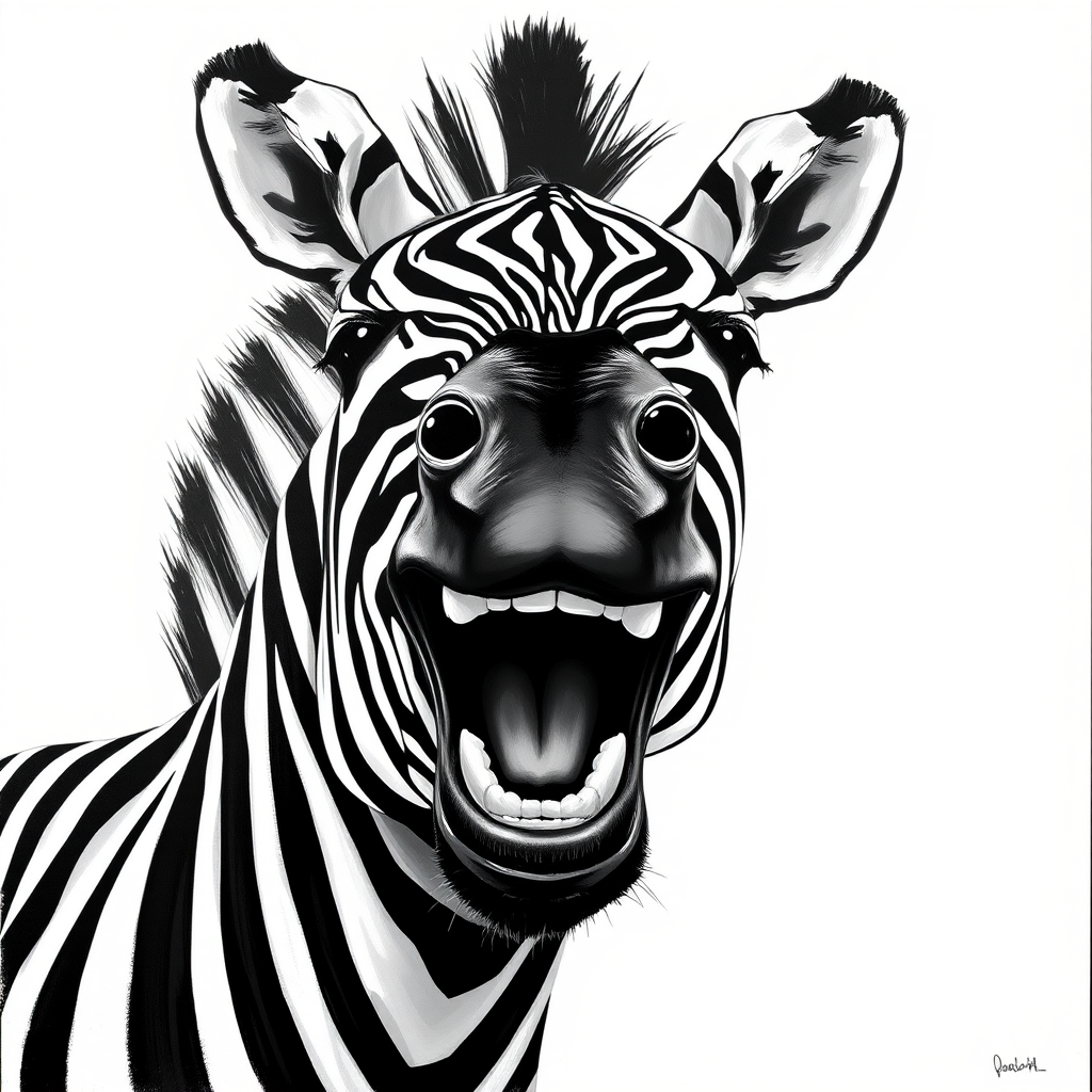 Abstract black and white acrylic portrait of an over exaggerated laughing (Zebra). Minimalism style. White background.