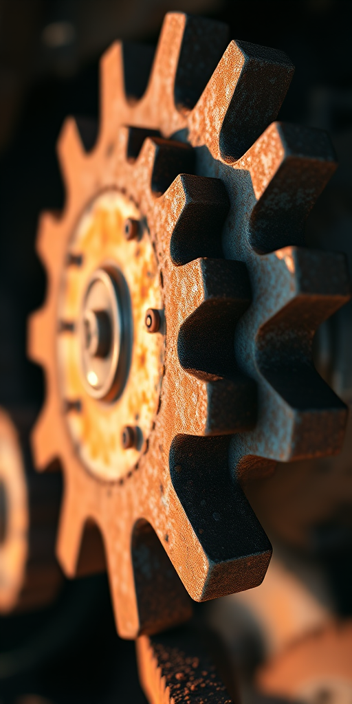 Create a highly detailed 3D rendering of a rusty gear with sharp edges, illuminated by soft, dramatic lighting to emphasize texture, taken from a low-angle perspective using a DSLR camera set to f/2.8 aperture, ISO 100, and a shutter speed of 1/200s.