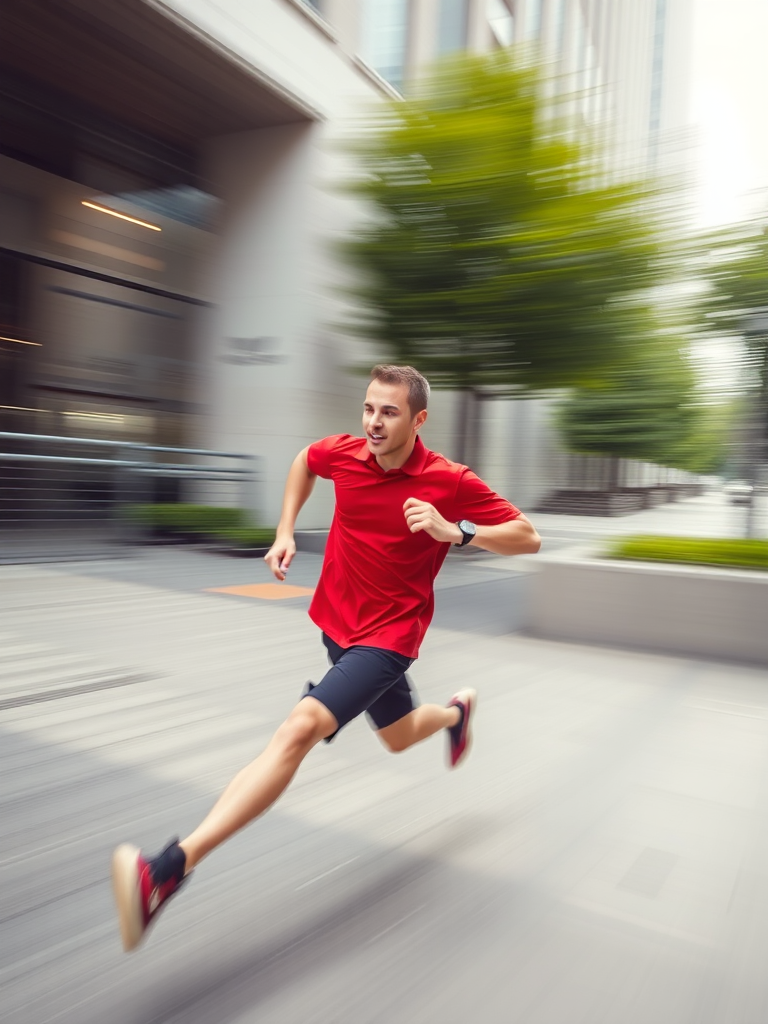 Create an animated sequence of a man in a red shirt running, showcasing motion blur, photographed with a DSLR camera at f/8, ISO 100, 1/500 sec shutter speed, using a wide-angle lens to capture dynamic movement.