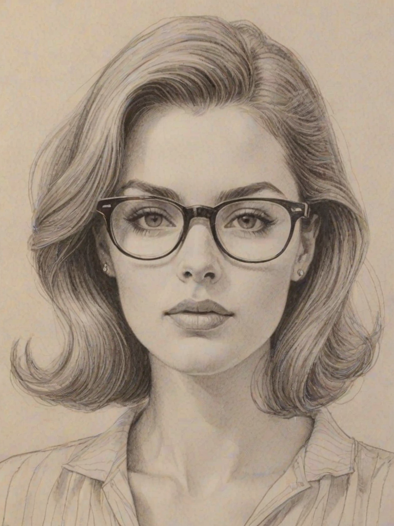 Attractive Rebekah Graf, pencil sketch, portrait of Attractive woman 1962s in glasses, hair style beatnik, outline, clear lines, fine lines, 8k