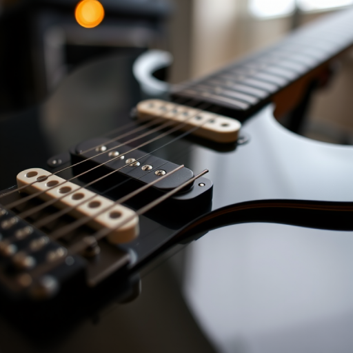 Capture a close-up shot of an electric guitar with a focus on the body and bridge, using a Canon EOS R with a 50mm lens, aperture f/1.8, ISO 100, and a focal length of 50mm for sharp detail and a blurred background.