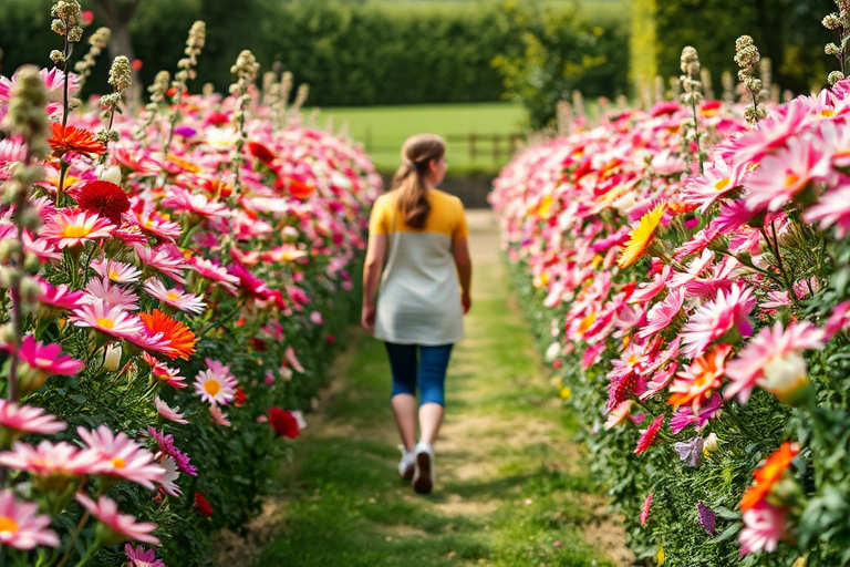 Flower-lined path in a quiet countryside garden, a woman walks slowly through the blossoms, her fingers brushing the petals of the vibrant flowers.