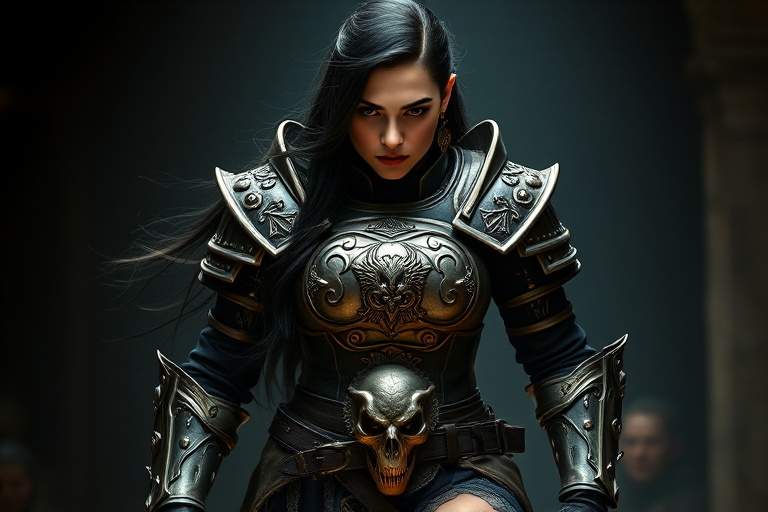Create a photo of a fierce Kazakh female warrior with long black hair, wearing an ornate, metallic armor. The armor includes a breastplate with intricate designs, shoulder guards, and gauntlets. The breastplate is decorated with a central emblem, possibly representing a mythical symbol, and has a sculpted, form-fitting design. She wears a belt with a large skull ornament at the center, and her armor extends into a partial skirt, revealing one leg. The overall look is both protective and stylish, with a dark, gothic aesthetic. The background is dimly lit, suggesting a medieval or fantasy setting, enhancing the warrior's imposing presence and intense expression.