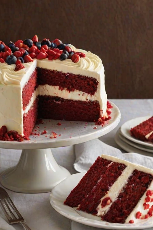 Create an image of a decadent red velvet cake with a rich cream cheese frosting. The cake should be garnished with fresh berries and chocolate shavings, showcasing a slice that reveals its moist texture. The background should be simple and elegant to highlight the cake's vibrant colors.