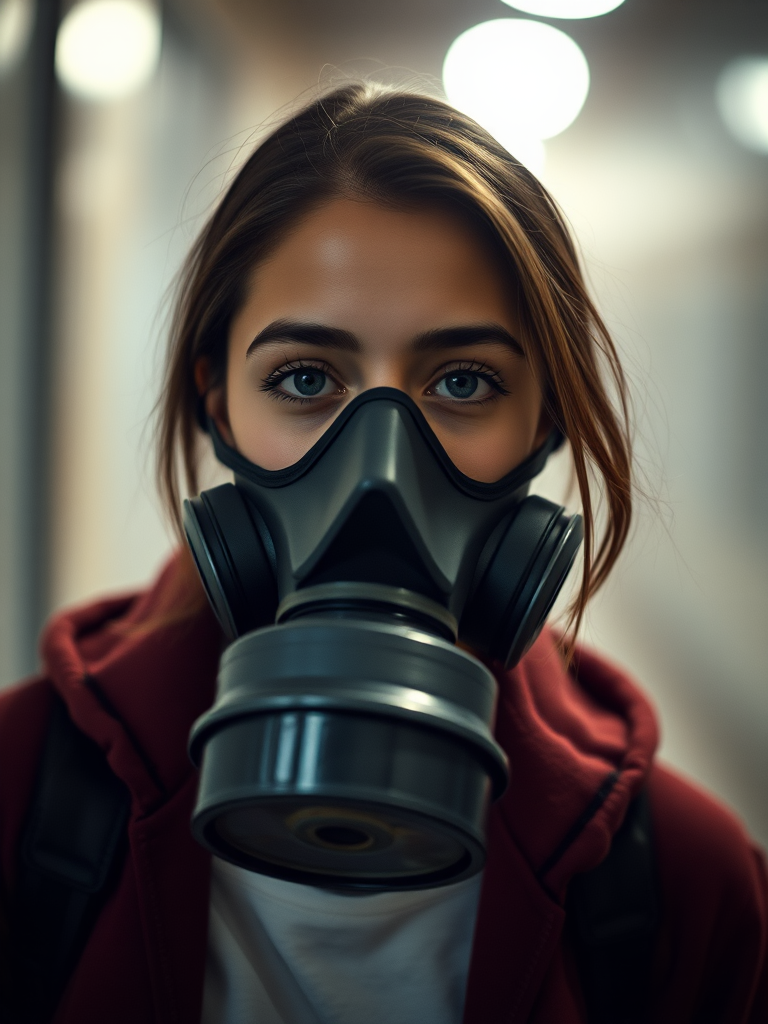 portrait of a young woman with a gas mask, soft focus background, moody lighting, ISO 100, f/2.8 aperture, 50mm lens, shot from eye level with a DSLR camera