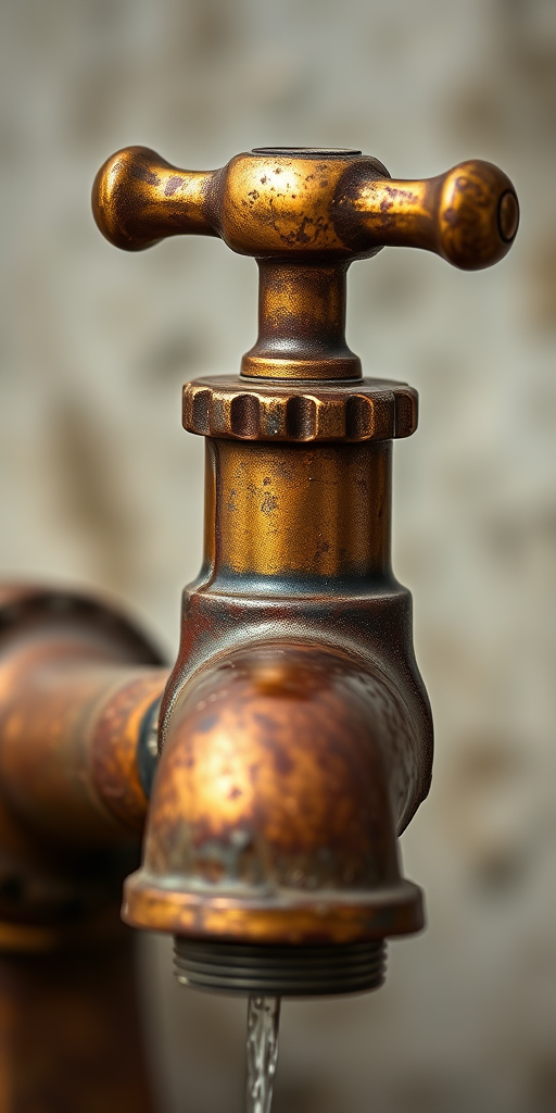vintage brass faucet with a rusted finish, detailed texture, soft diffused lighting, macro shot, aperture f/2.8, shutter speed 1/100s, ISO 200, DSLR camera, shallow depth of field, natural looking background