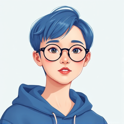 Generate a high-quality digital illustration of a person with short blue hair and round glasses, wearing a blue hoodie, with a minimalist background, using a Canon EOS R5 camera with a 50mm lens at f/1.8, shooting from a slightly low angle to enhance perspective, in a bright and soft lighting style.