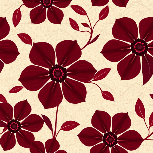 Create a seamless floral pattern featuring large stylized flowers in deep maroon tones on a textured background with subtle geometric shapes, camera type: digital SLR, camera style: macro, camera view: top-down, settings: f/8, ISO 100, shutter speed 1/125.