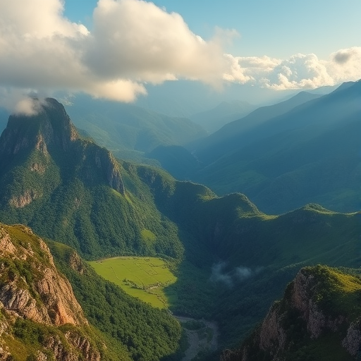 Generate a high-resolution landscape image of majestic mountains with lush green valleys and misty clouds, taken from a drone view using a Canon EOS R5 with a 24-70mm lens at f/8, ISO 100, and a shutter speed of 1/125 sec in early morning light for enhanced detail and clarity.