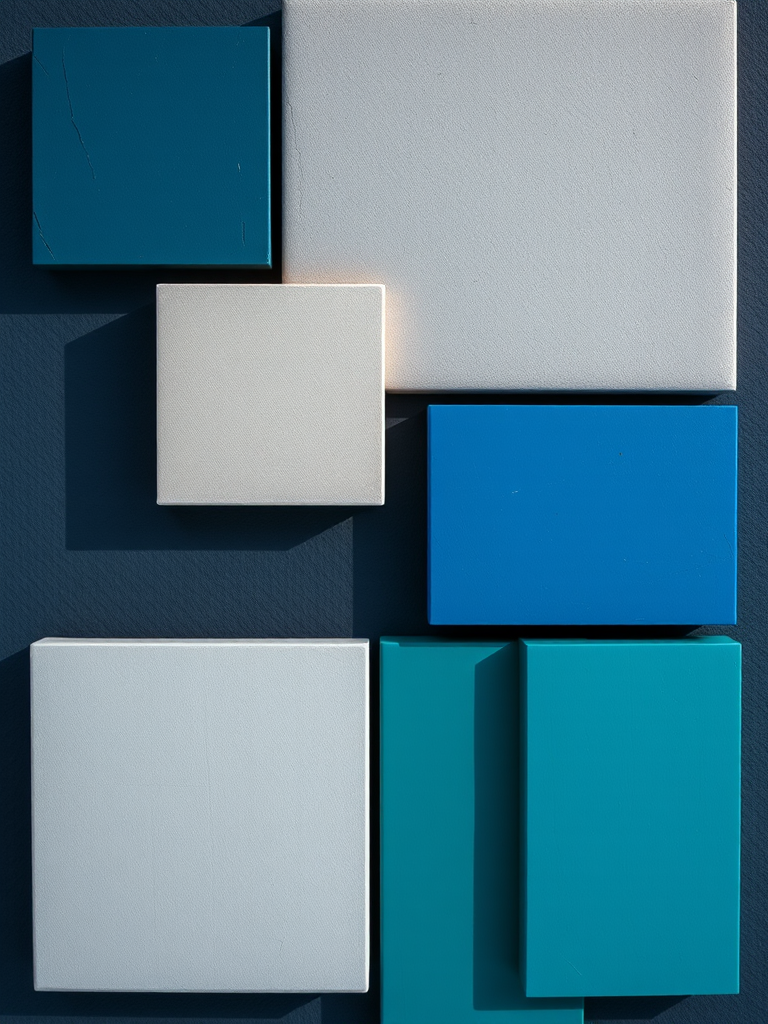 Create an abstract composition featuring a mix of deep blue, light gray, dark gray, and teal blocks arranged in a balanced layout, shot with a DSLR camera at f/8 aperture, ISO 100, 50mm lens, with a shallow depth of field and natural lighting to enhance color contrast.