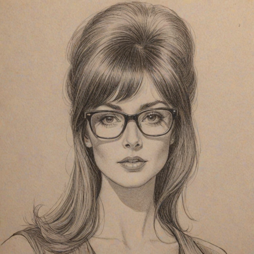 Resplendent Elvira Lind, pencil sketch, portrait of Stunning woman 1969s in glasses, hair style beatnik, outline, clear lines, fine lines, 8k
