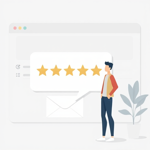 Create a vector-style illustration of a person standing next to a large speech bubble displaying a 4-star rating, with a minimalist interface in the background including an envelope and navigation icons, shot with a 50mm lens at f/2.8 for shallow depth of field, ISO 100, and natural lighting for a clean and professional look.