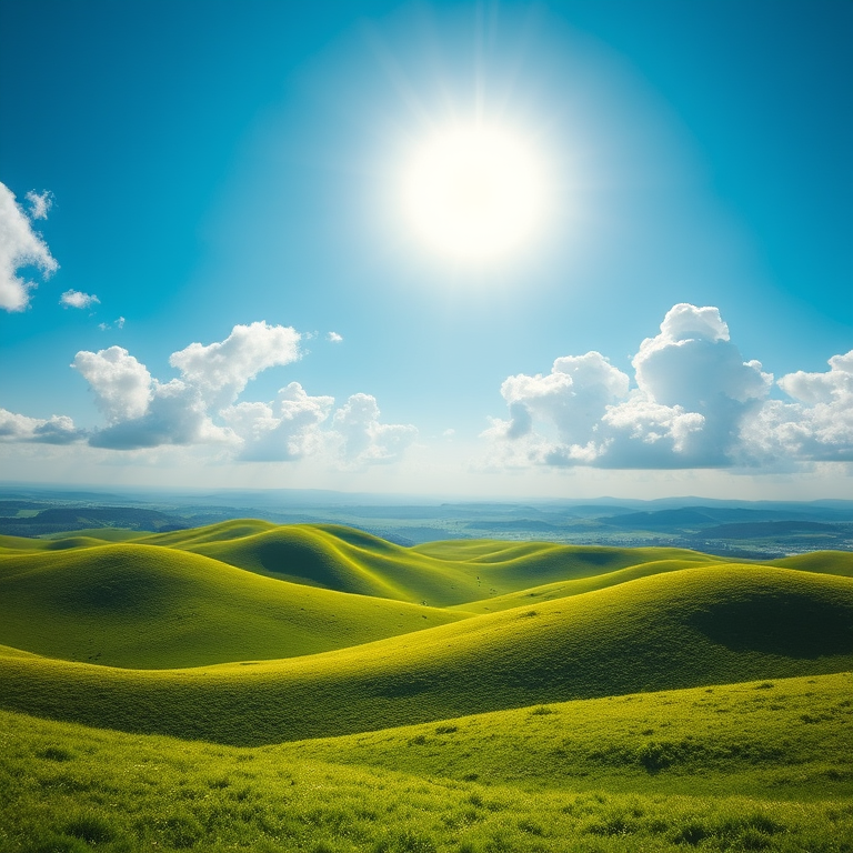 Create a vibrant landscape scene with rolling green hills under a bright blue sky with fluffy white clouds and a large yellow sun, using a DSLR camera with a 50mm lens, f/8 aperture, ISO 100, and a wide-angle view to enhance image quality.