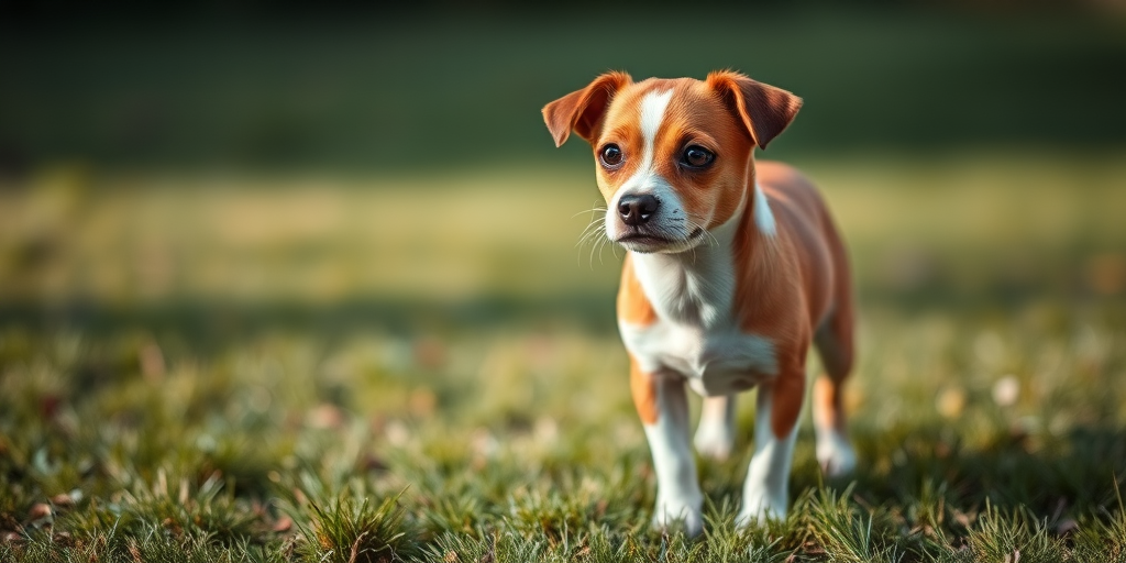 Regenerate the image of a small brown and white dog standing on grass, captured with a DSLR camera at 50mm aperture f/1.8, ISO 200, in natural light, with a shallow depth of field to emphasize the dog while softly blurring the background.