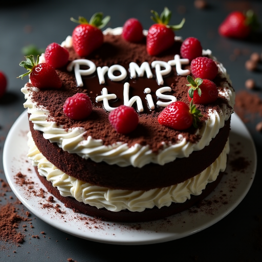 black forest gateau cake, spelling out the words "PROMPT THIS", tasty, food photography, dynamic shot