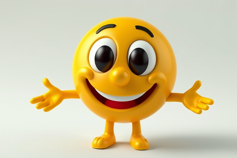 Create a high-resolution 3D render of a smiling yellow emoji with large cartoonish eyes and outstretched arms, using a Canon EOS 5D Mark IV camera, 50mm lens, f/2.8 aperture, ISO 100, and natural lighting for a soft, vibrant look.