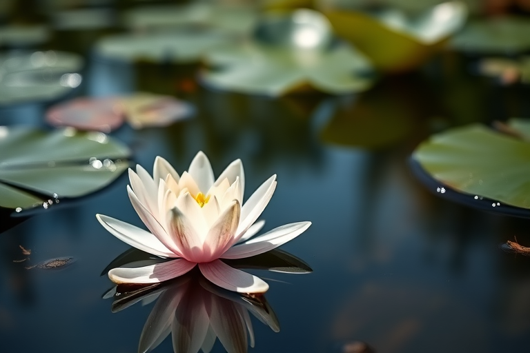Capture a close-up of a water lily on a serene pond, using a DSLR camera with a 50mm lens, aperture set to f/2.8 for a shallow depth of field, ISO 100 for crisp clarity, and natural sunlight to enhance color vibrancy.