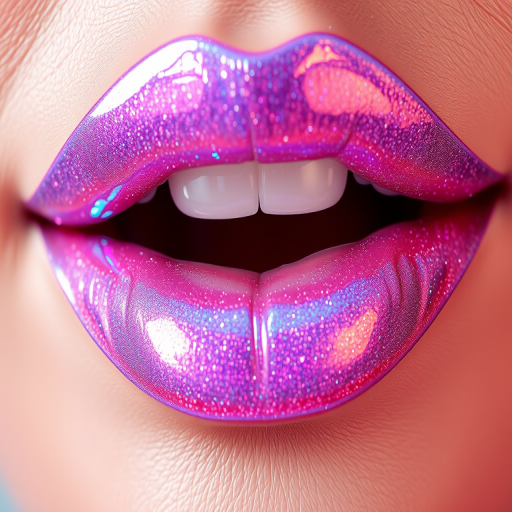Glossy clear lips with holographic sparkle, ultra-reflective shine, plumping effect for enhanced volume, futuristic Crystal Prism Gloss style