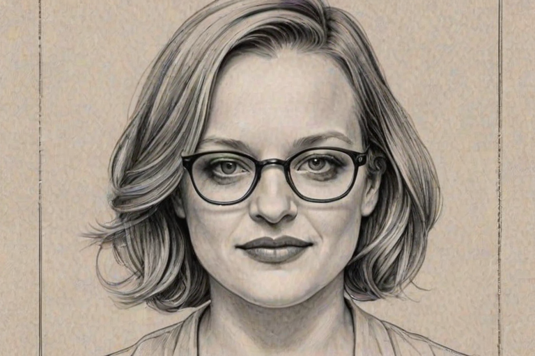 Pleasing Elizabeth Moss, pencil sketch, portrait of Attractive woman 1921s in glasses, hair style beatnik, outline, clear lines, fine lines, 8k