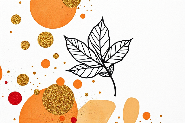 Generate an abstract design featuring gold glitter shapes, warm earthy colors, and black line art of a leaf on a textured white background, using a Canon EOS R5 with a 50mm lens, aperture f/2.8, ISO 100, and natural lighting to enhance color vibrancy and detail.
