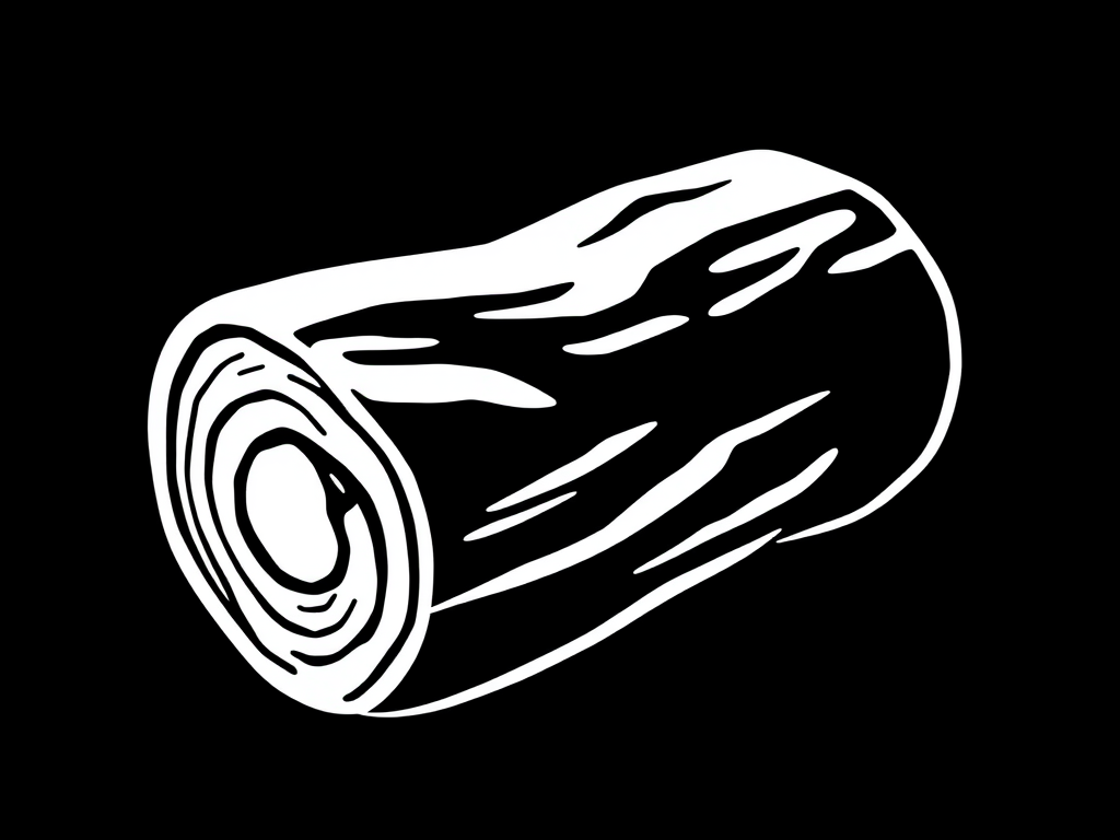 Create a high-resolution illustration of a stylized white log on a black background, using a Canon EOS R5 camera with a 50mm lens at f/1.8, ISO 100, and a shutter speed of 1/100s, capturing a close-up view with sharp details and smooth gradients.