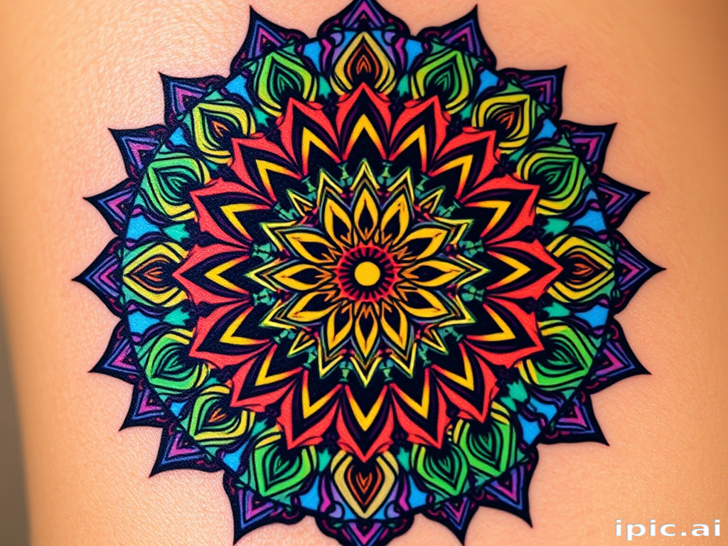 Psychedelic mandala tattoo with kaleidoscopic patterns and vibrant rainbow hues, incorporating sacred geometry and fractal designs for a mind-bending visual experience