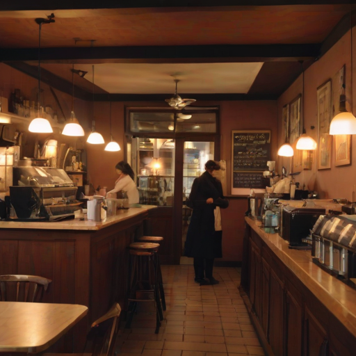Warmly lit photo of a charming cafeinterior, with vintage decor, soft light illuminating tables set for patrons, and a barista preparing coffee behind the counter.
